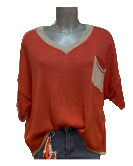 Jersey de Punto Bicolor con Cuello y Bolsillo en Contraste